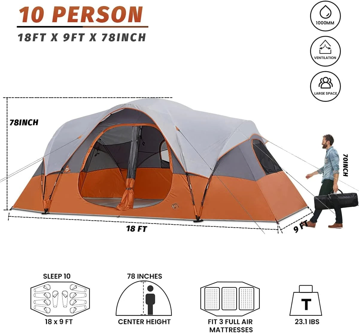 Camping 10-Person, 2 Room, Waterproof Tent