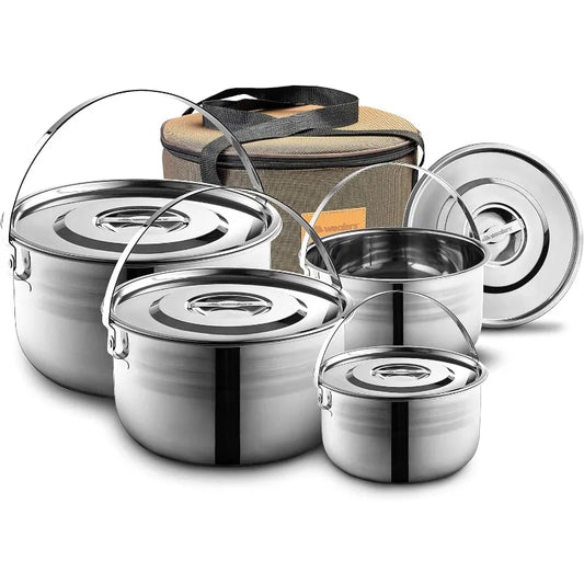 Camping Cookware Set - Compact Stainless Steel Campfire Cooking Pots and Pans | Combo Kit with Travel Tote Bag | Rugged Outdoor