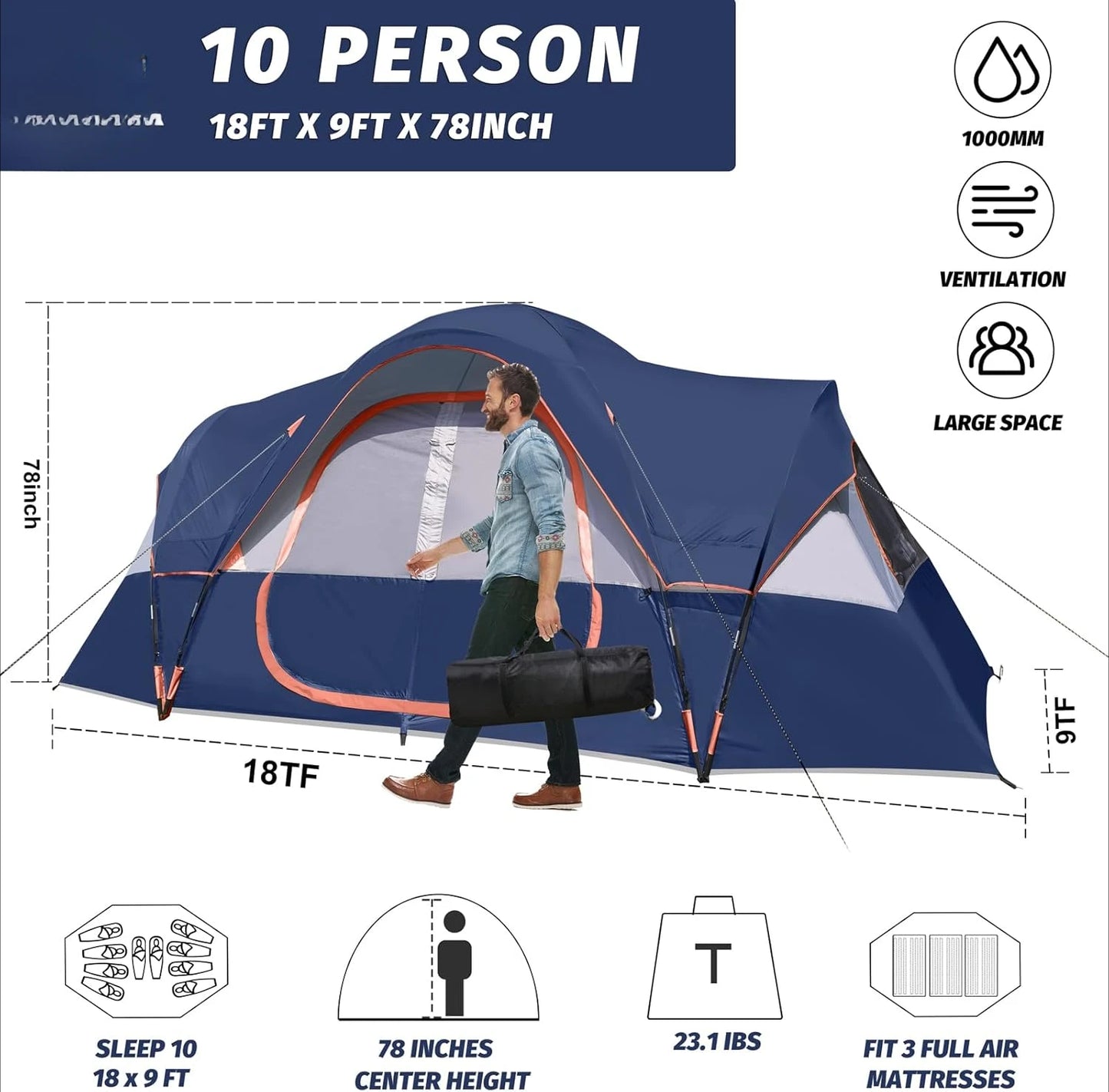 Camping 10-Person, 2 Room, Waterproof Tent