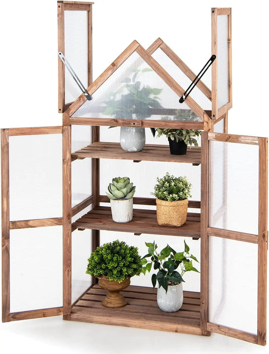 Portable Wooden Mini Greenhouse 3 Tier Storage Shelves