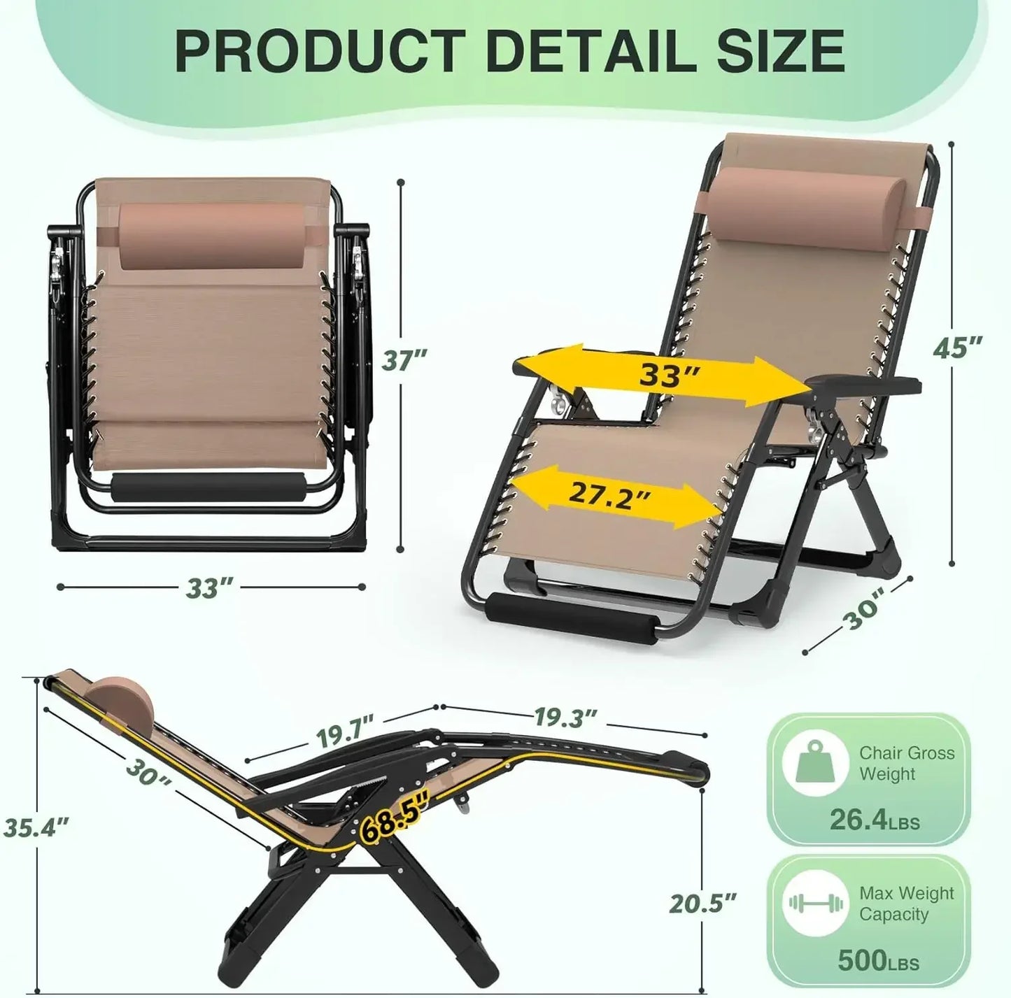 Oversized Zero Gravity Chair,33In XXL Lounge Chair w/Removable Cushion&Headrest, Reclining Camping Chair w/Upgraded Lock