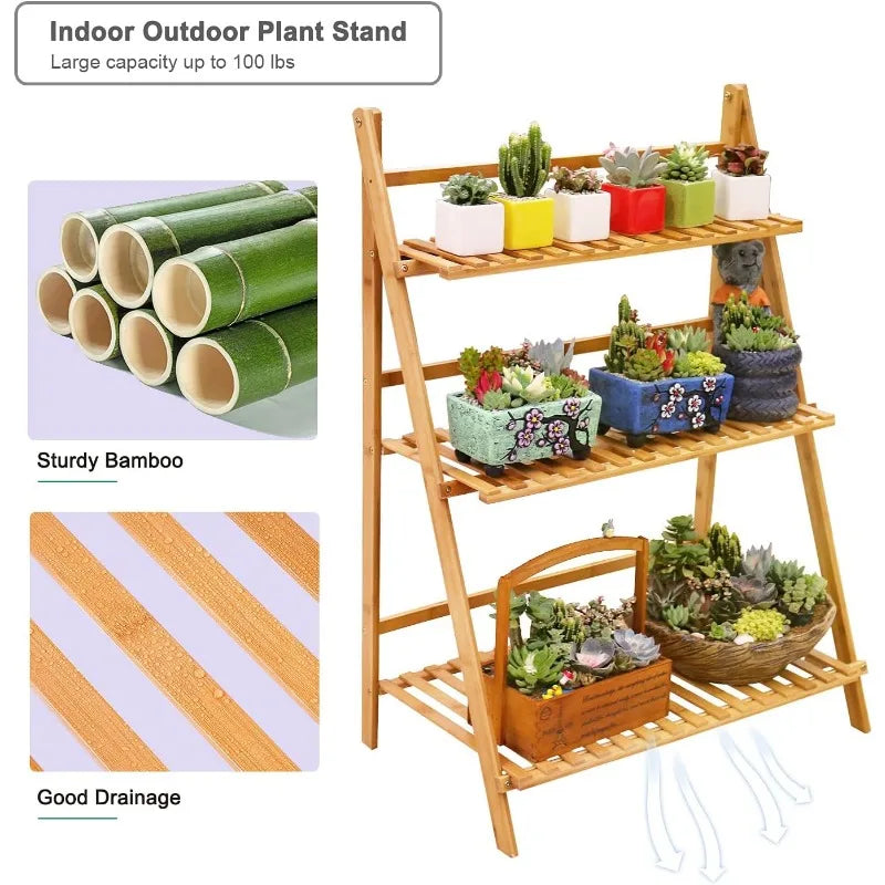 Bamboo Ladder Plant Stand 3 Tier Foldable