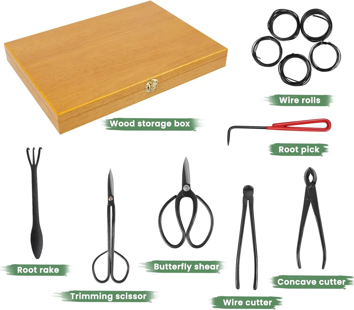 Bonsai Tools Set With Wood Box 12Pcs