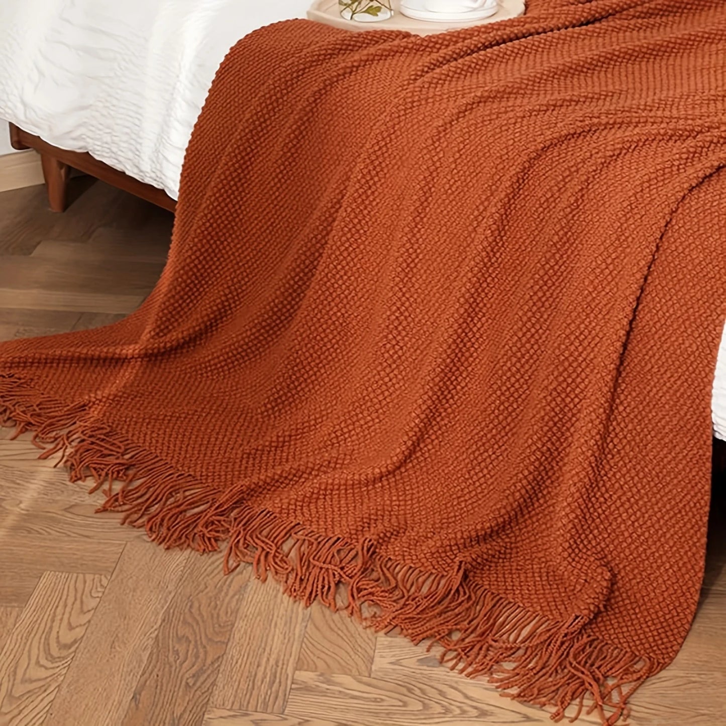 Orange Tassel Knitted Blanket,