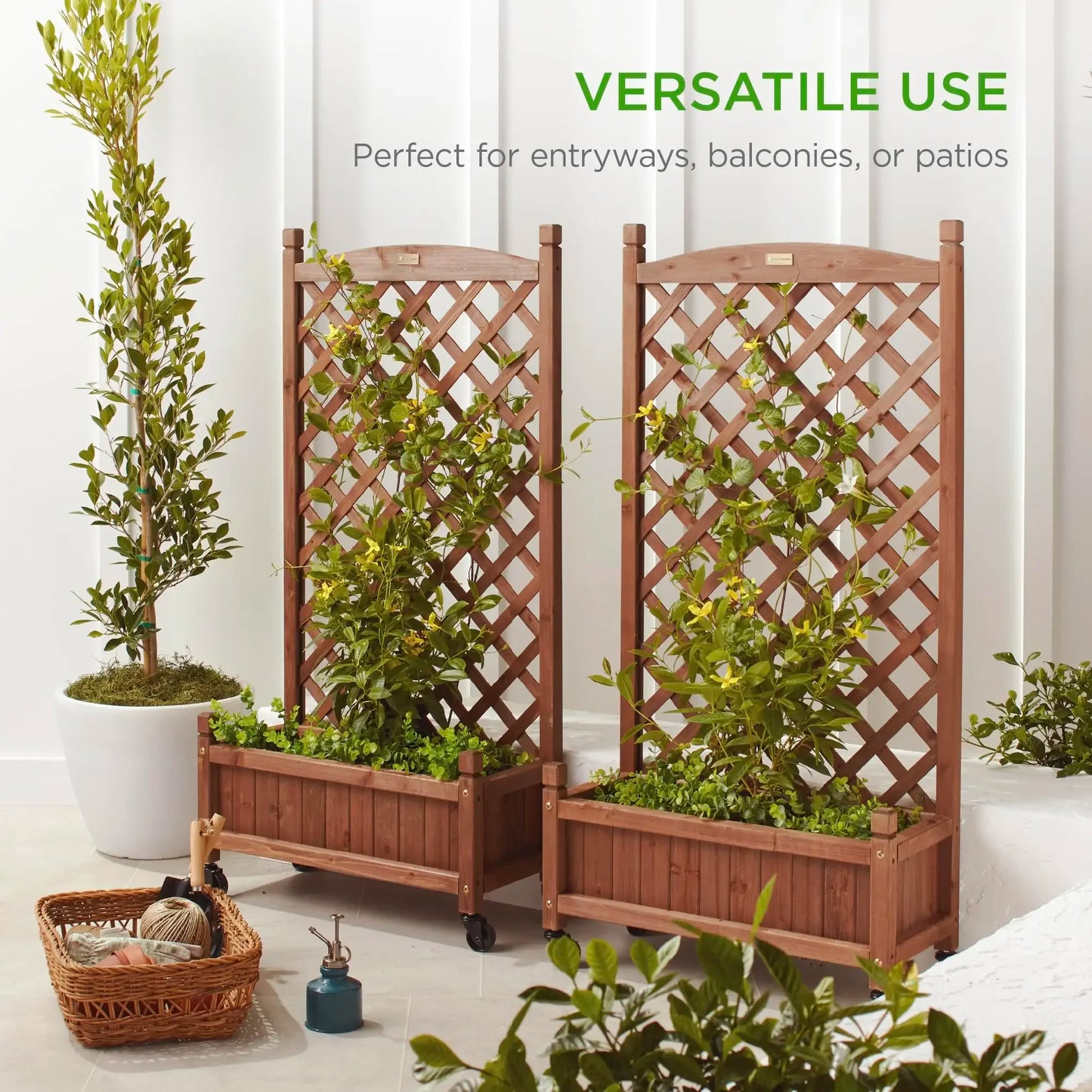 Set of 2 48in Wood Planter Box & Diamond Lattice Trellis