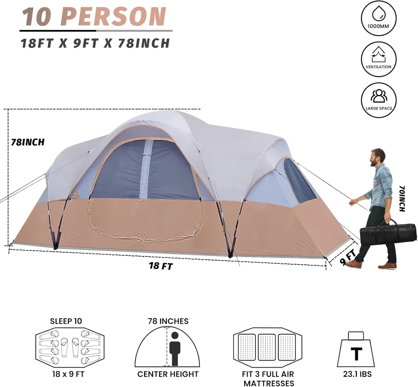 Camping 10-Person, 2 Room, Waterproof Tent