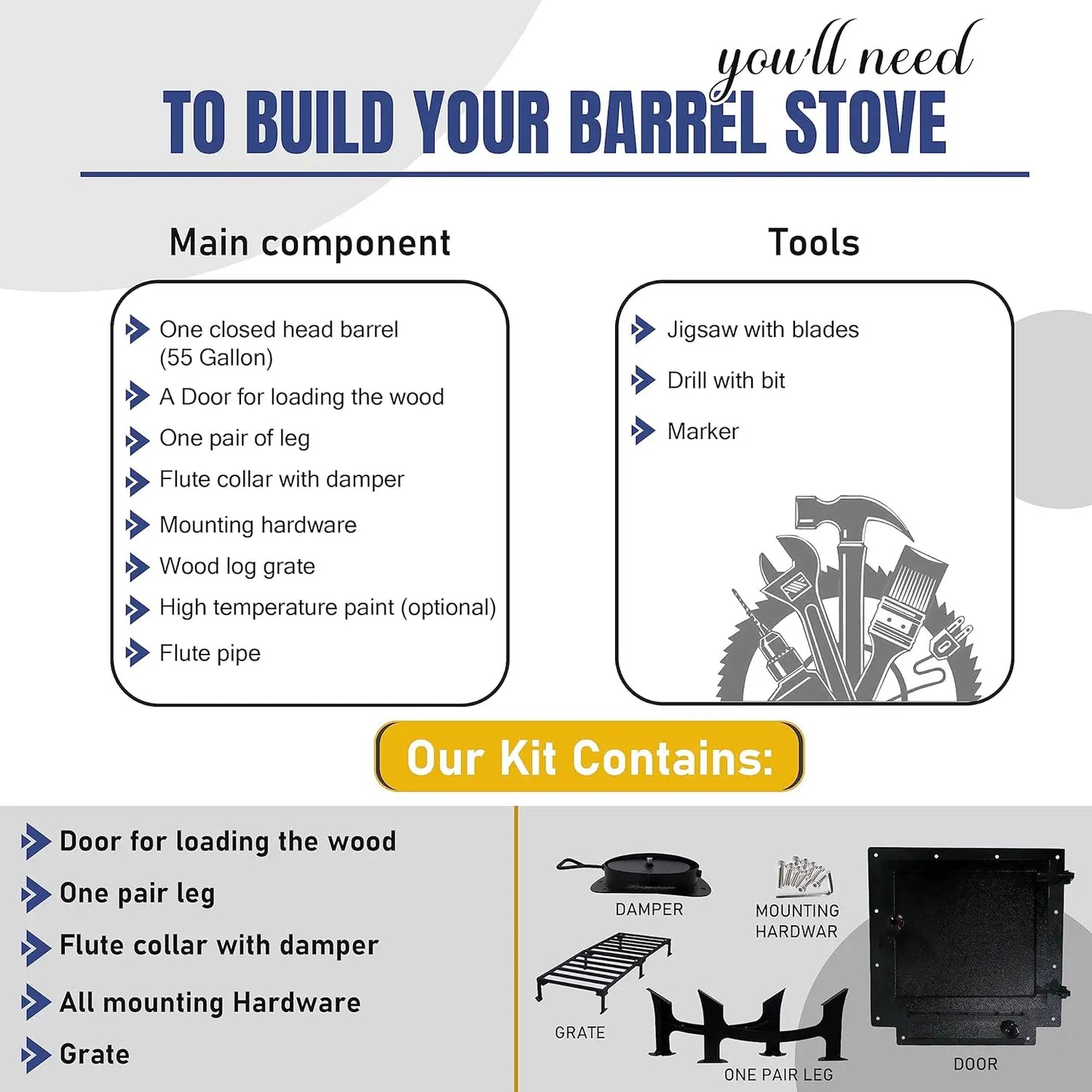 Fire Wood Camp Stove Kits, 30-55 Gallon Metal Barrel