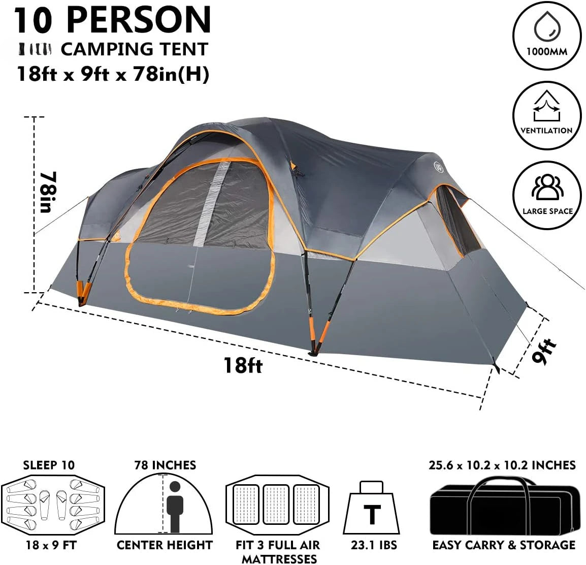 Camping 10-Person, 2 Room, Waterproof Tent