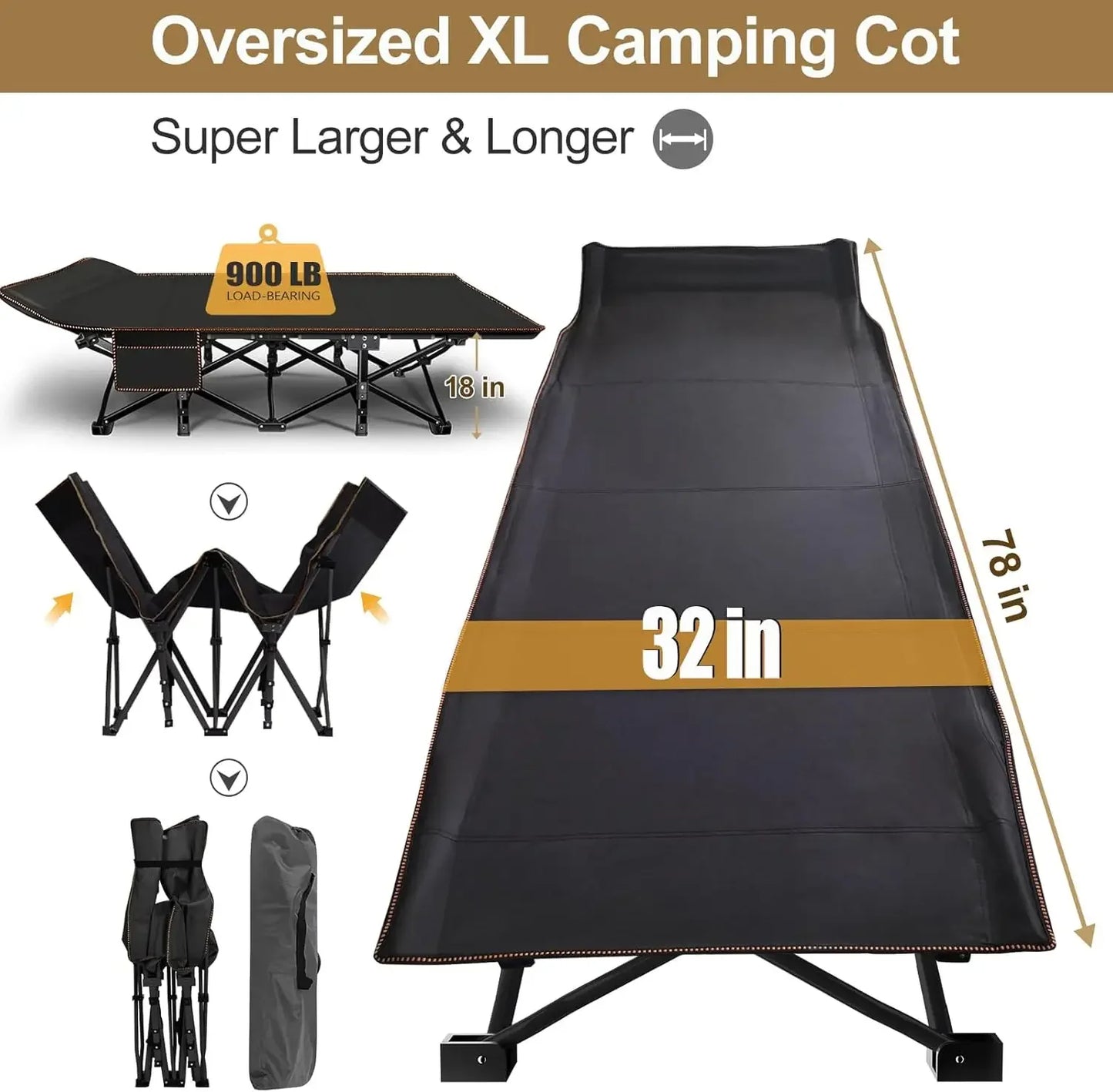 XXL Folding Camping Cot, 78" L x 32" W x 18" H