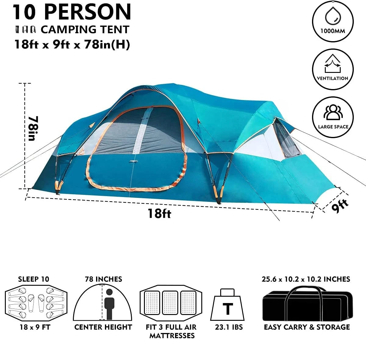 Camping 10-Person, 2 Room, Waterproof Tent