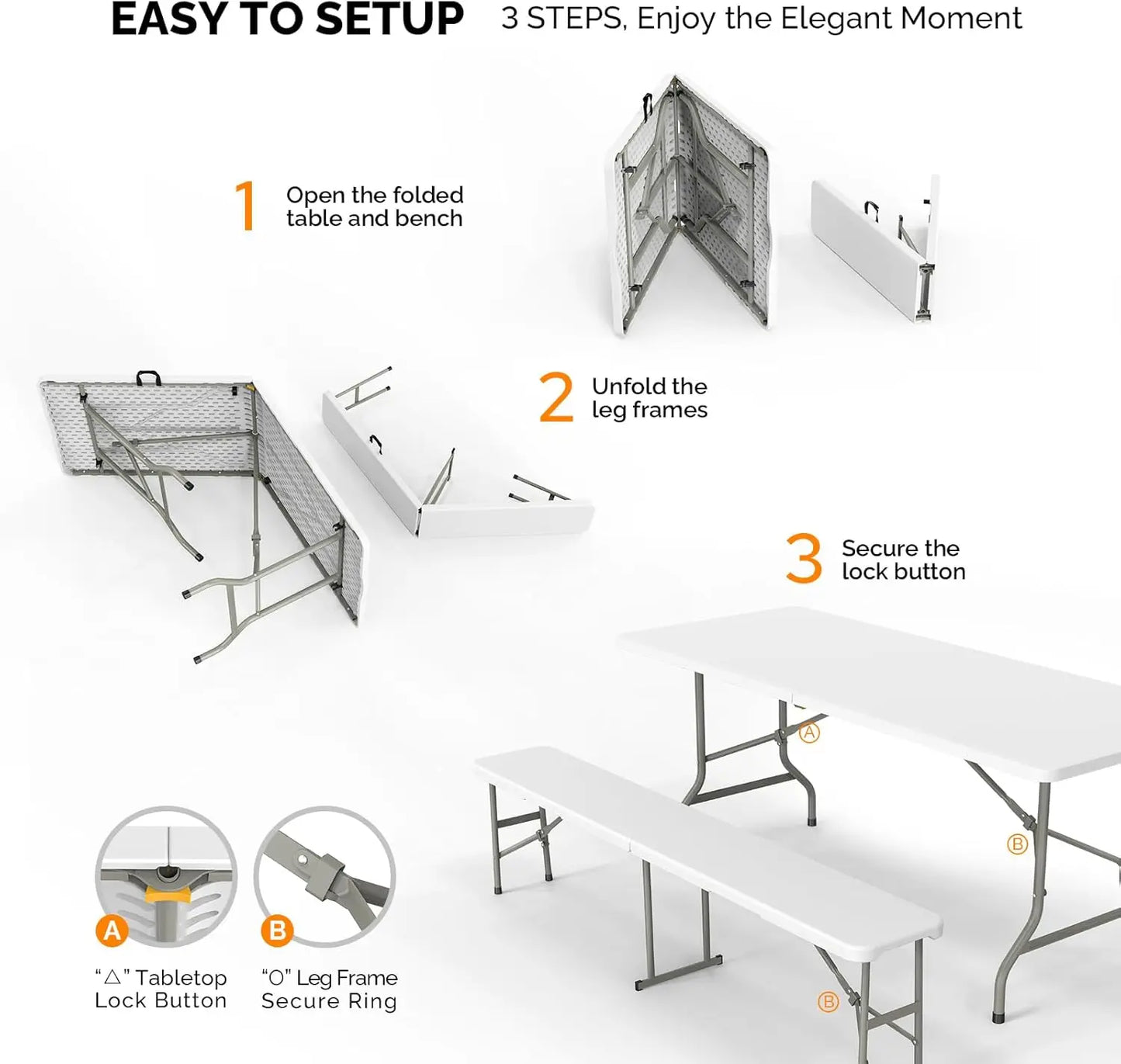 Picnic Table Set with 2 Benches, 6 Feet Camping Table