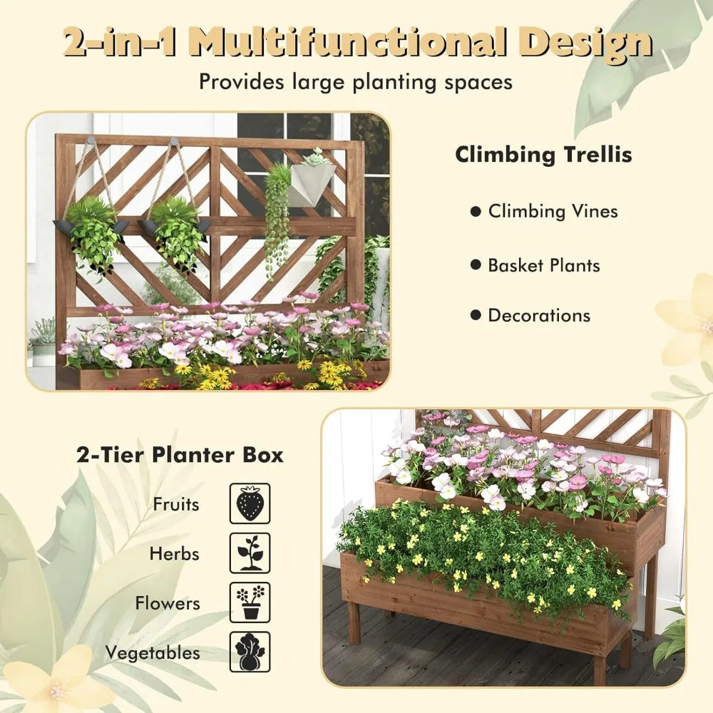 Raised Garden Bed with Trellis, 2-Tier Planter Box