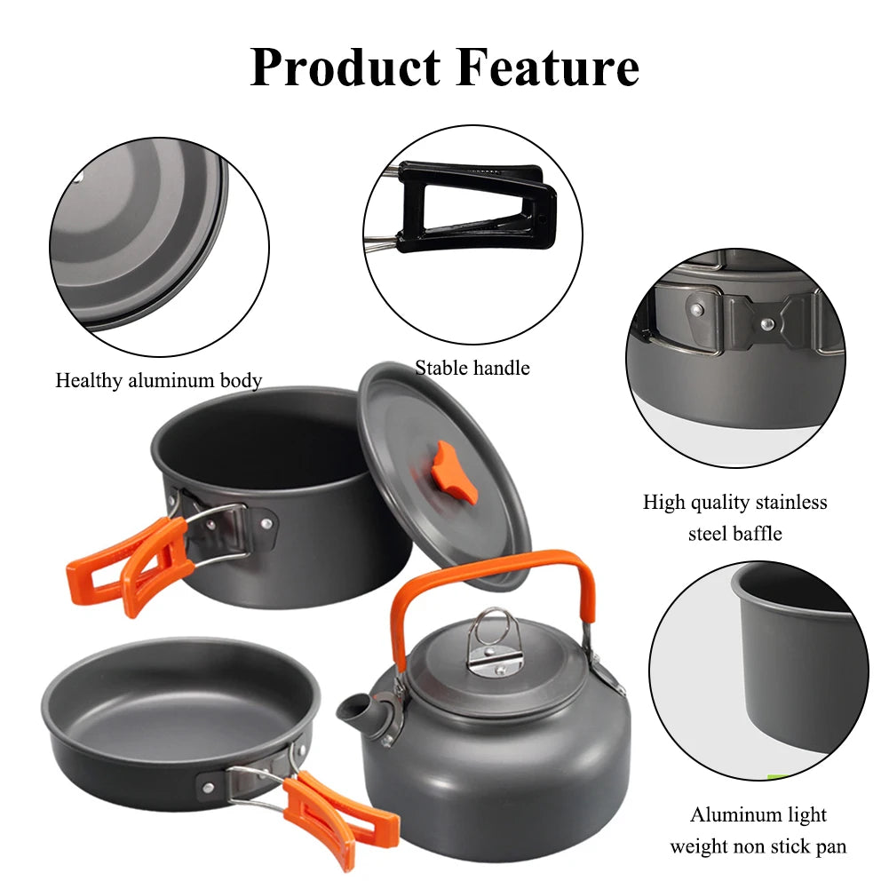 Camping Cookware Kit, 2-3 Person Camping Cookware Set Non Stick Pot and Pans Lightweight Portable Outdoor Cookware