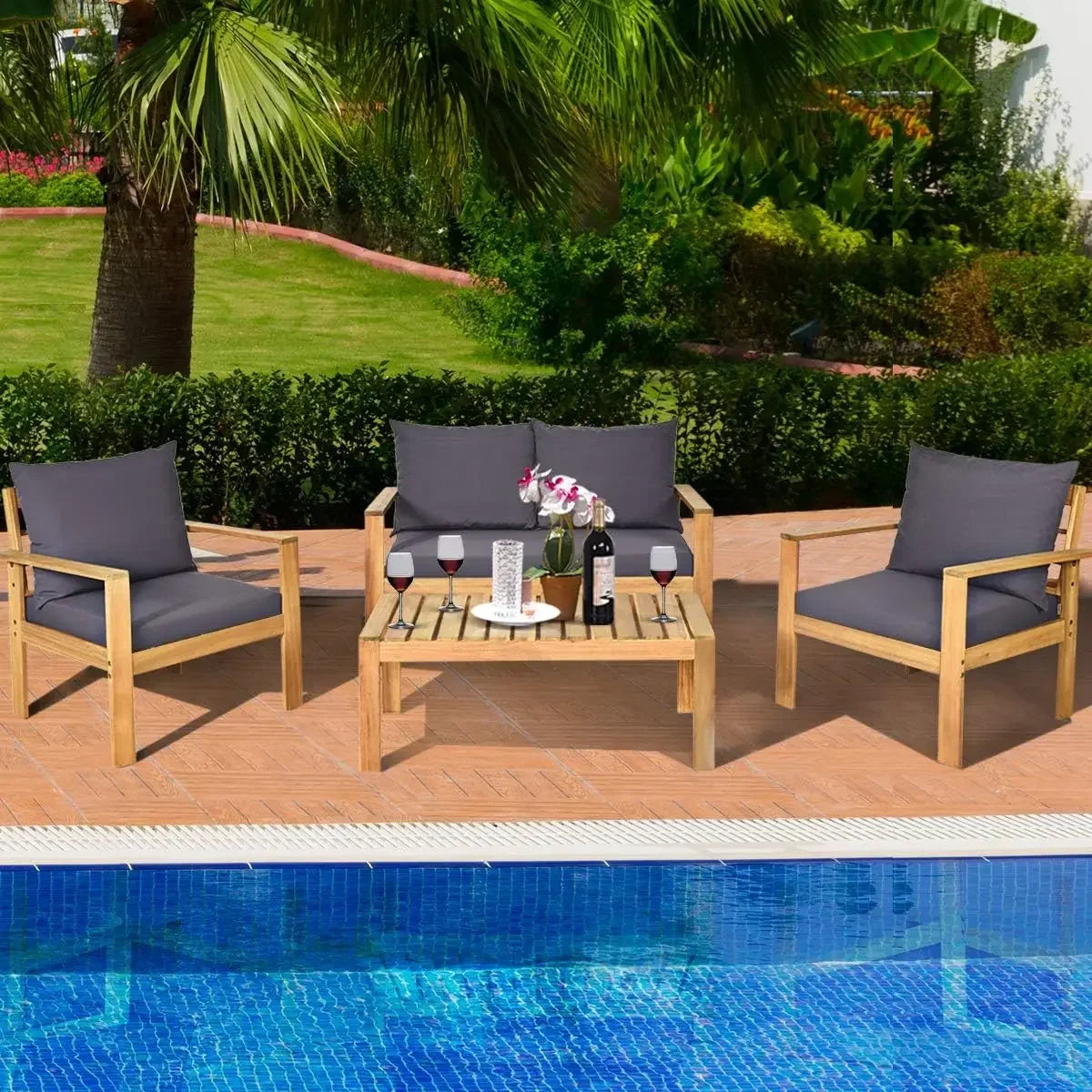 Outdoor 4-Piece Acacia Wood Chat Set with Water Resistant Cushions