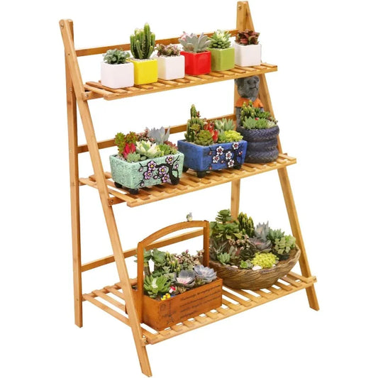 Bamboo Ladder Plant Stand 3 Tier Foldable