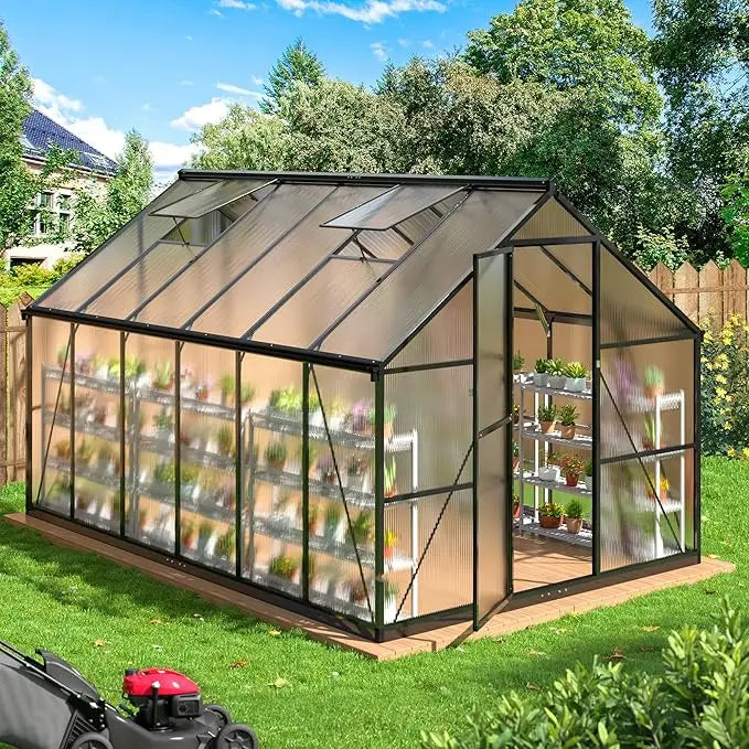 8x14 FT Greenhouse for Outdoors, Quick-fit Structure Greenhouse with Window for Ventilation, Aluminum Greenhouse for Garden