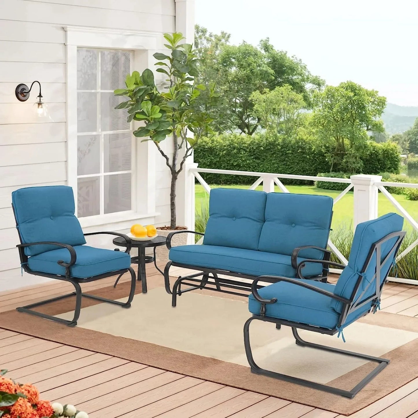 4 Pcs Metal Outdoor Furniture Set, w/Glider & Spring Chairs & Round Table