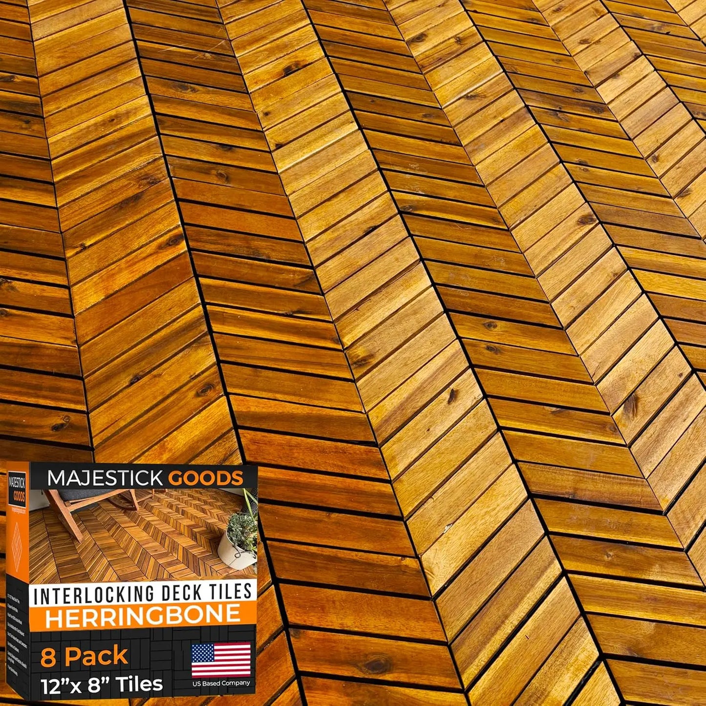 12"" X 9"" Herringbone - Non-Slip Acacia Wood Tiles For Patio/Decking/Porch