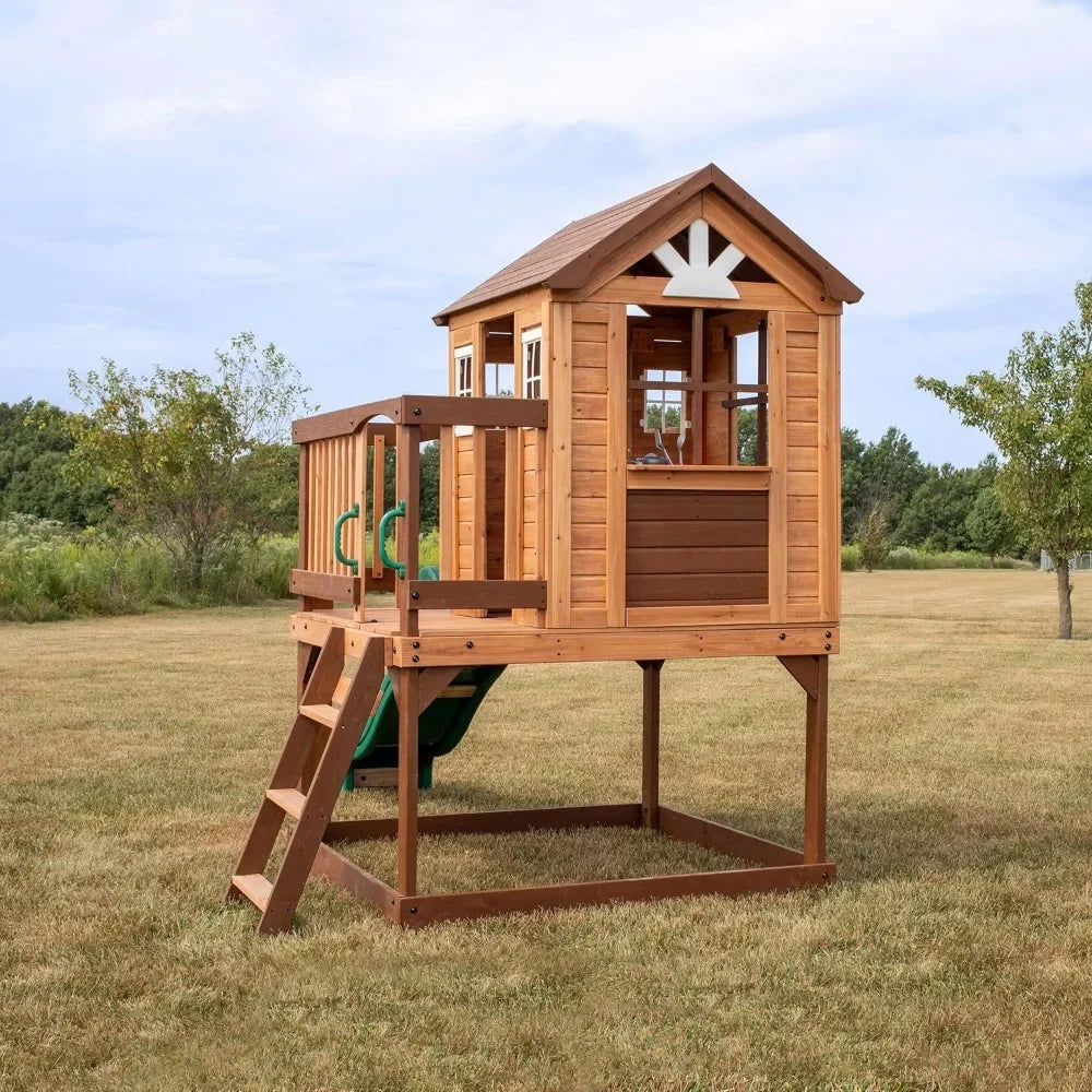 Elevated Cedar Playhouse, 6 Ft Wave Slide