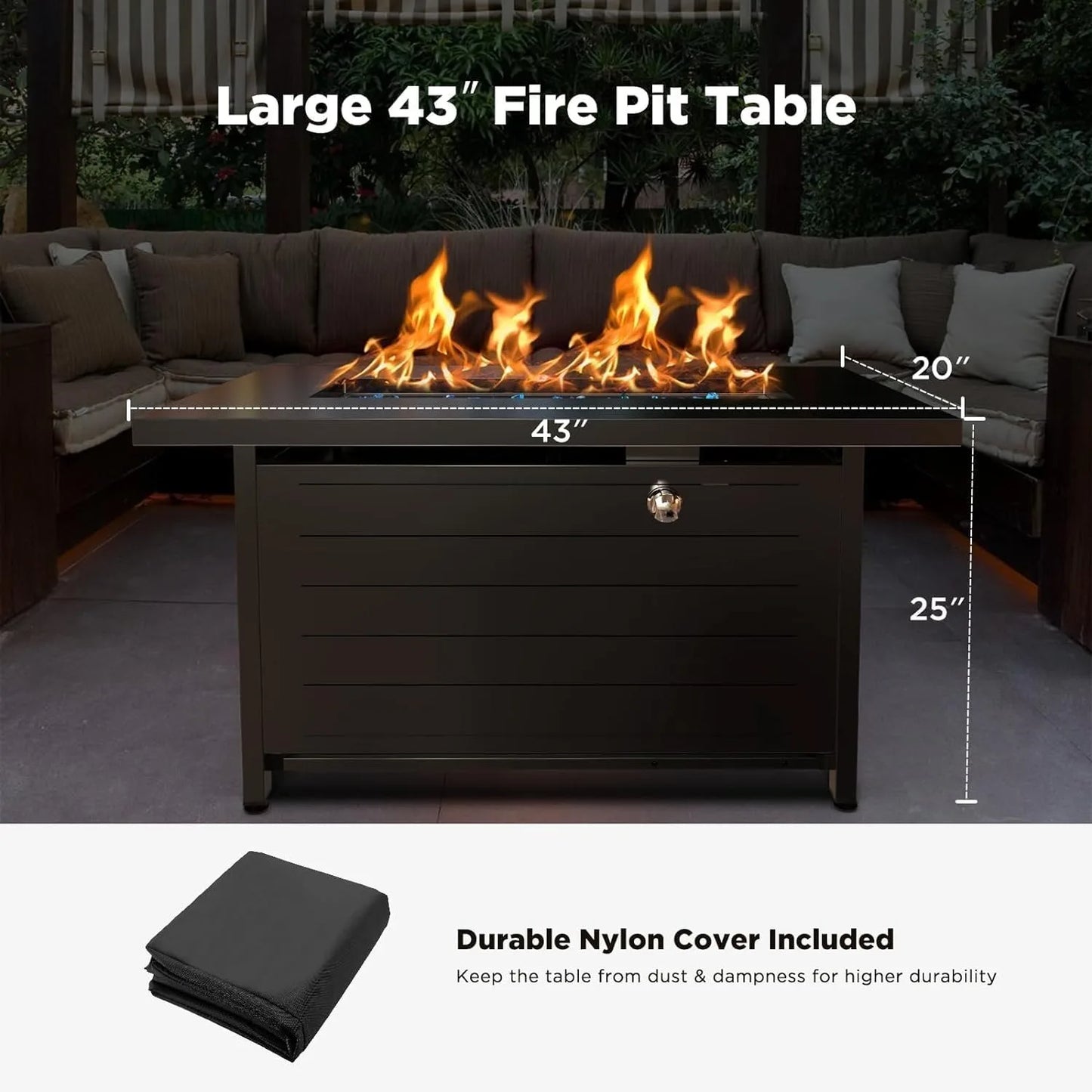 43″ Fire Pit Table with Glass Beads & Lid