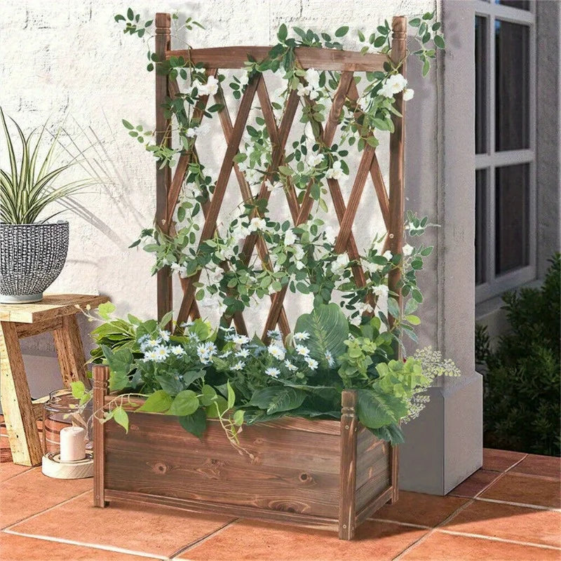 Rustic Wooden Raised Garden Bed  w/Climbing Trellis