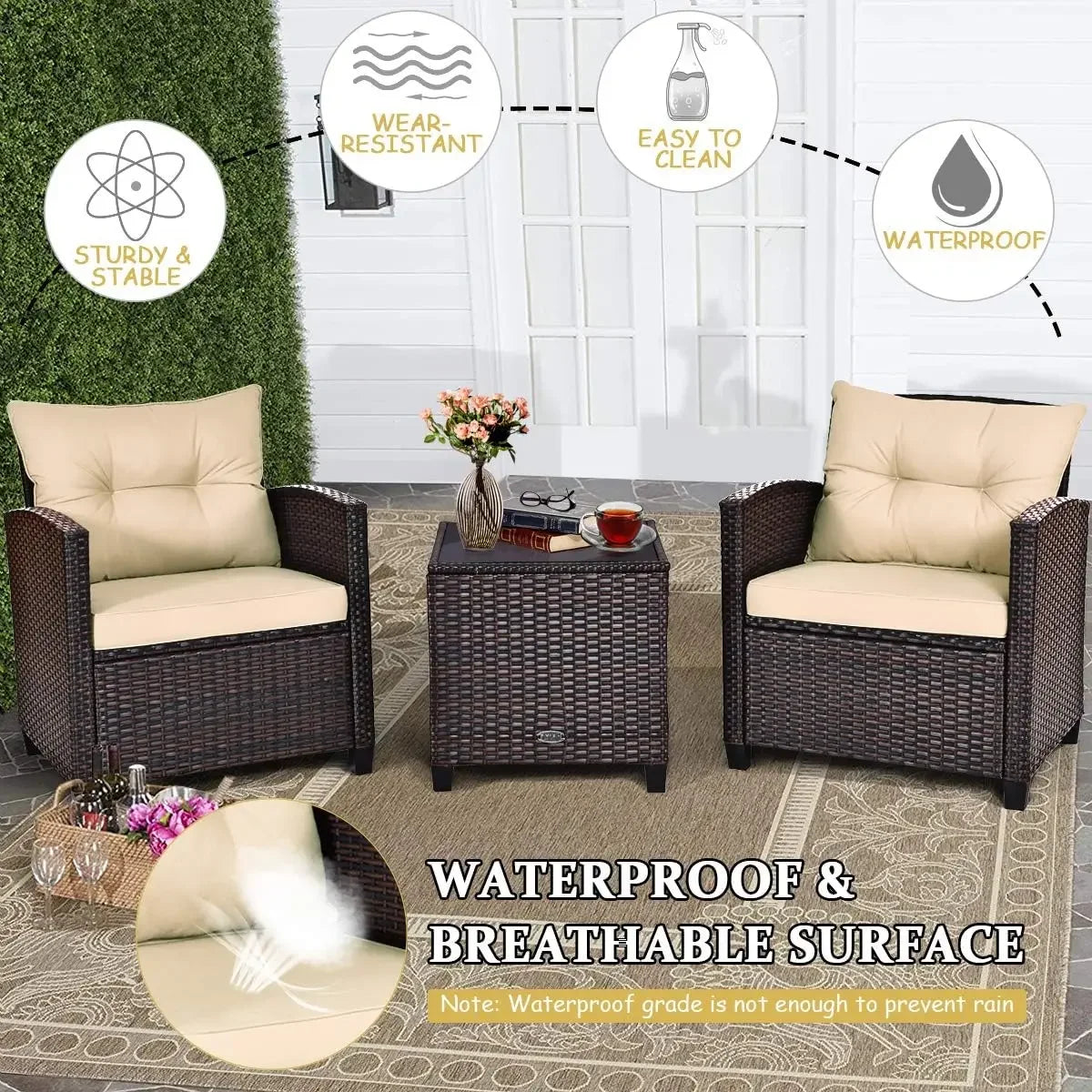 Rattan Wicker Outdoor Sofa Set w/Washable Cushion