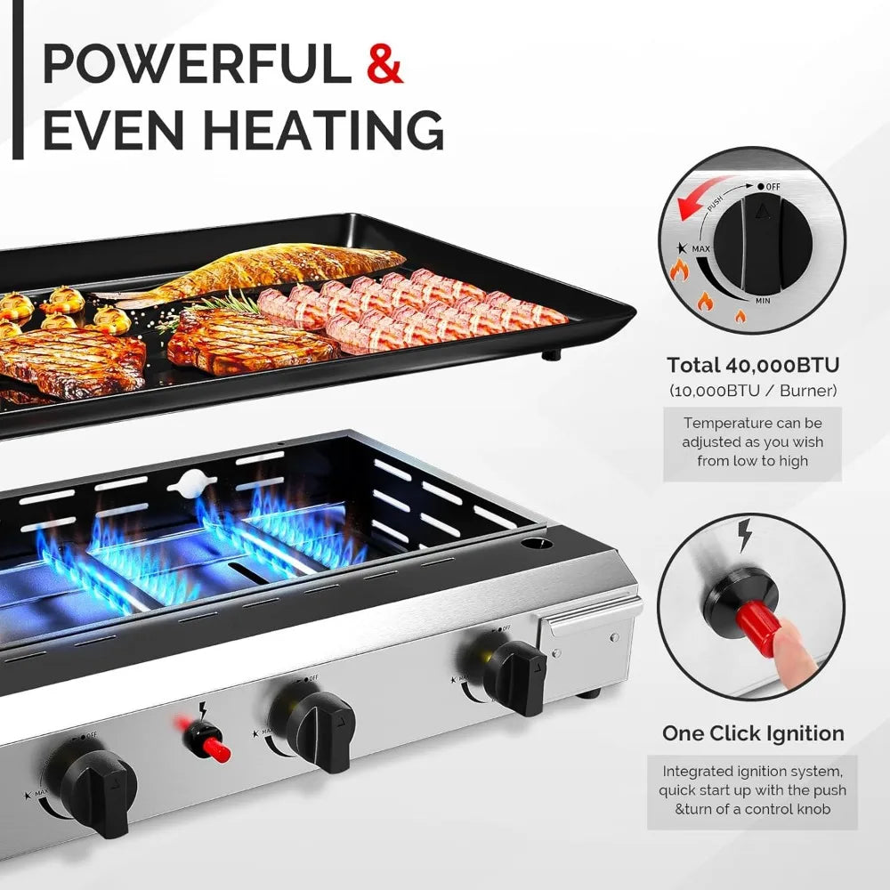 4 Burner Portable Propane Griddle w/Nonstick Enameled Tray