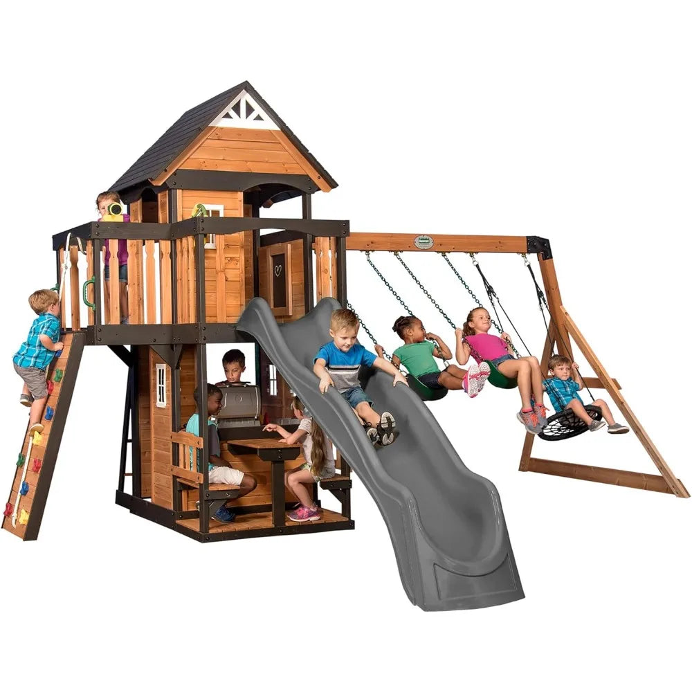 Cedar Wood Swing Set/Playhouse w/Grill & Wave Slide