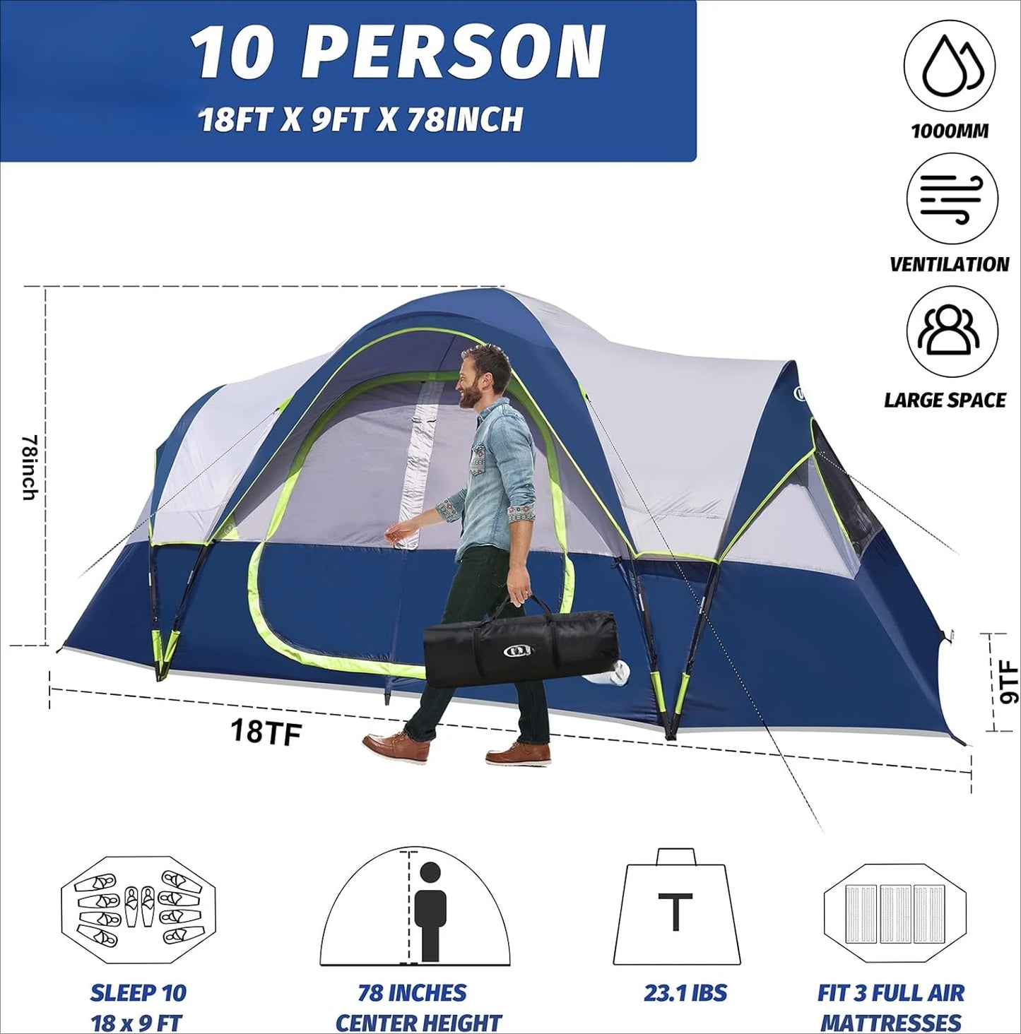 Camping 10-Person, 2 Room, Waterproof Tent