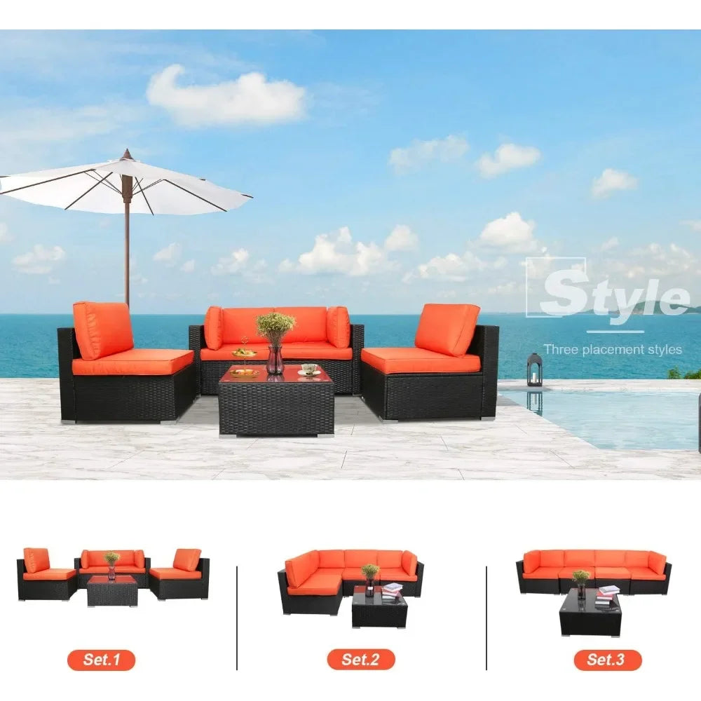 5PCs Patio Rattan Sectional Sofa  & Coffee Table, Cushions