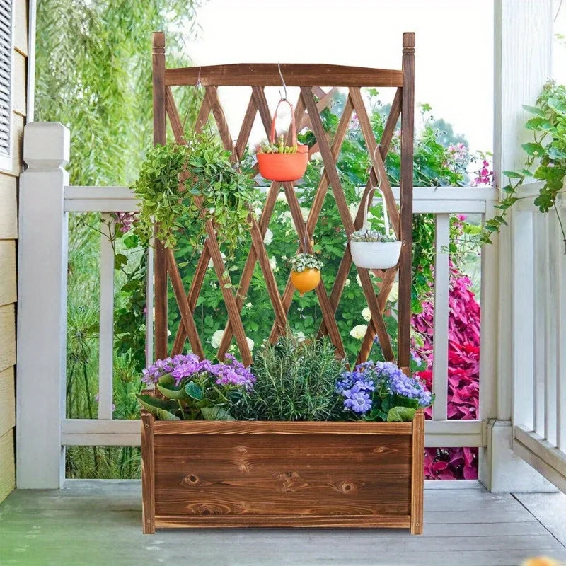 Rustic Wooden Raised Garden Bed  w/Climbing Trellis