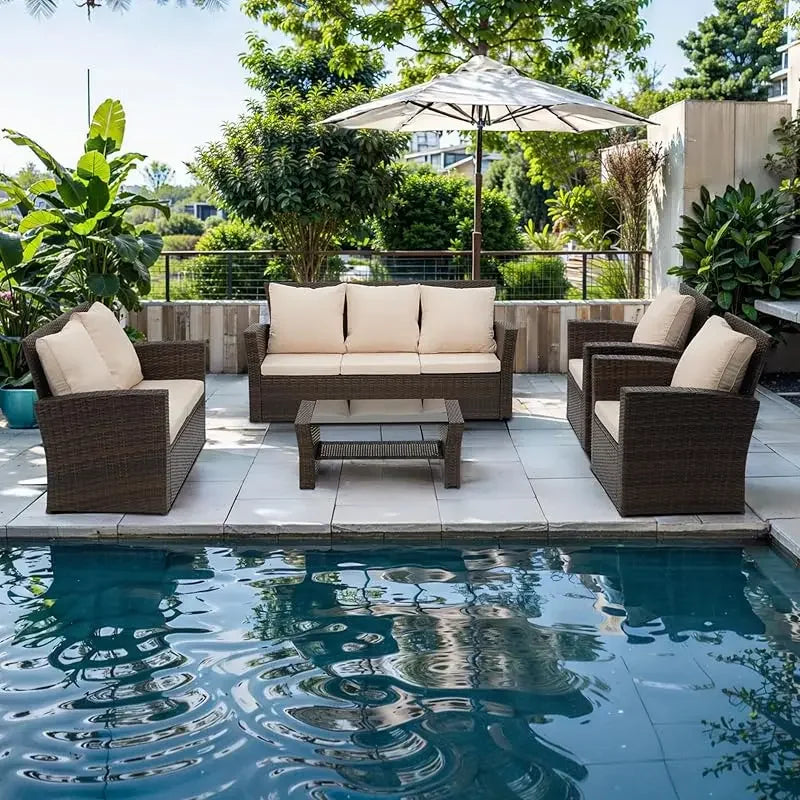 4 Piece Wicker Patio Furniture Set with Cushions