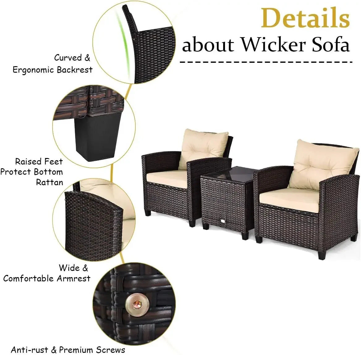 Rattan Wicker Outdoor Sofa Set w/Washable Cushion