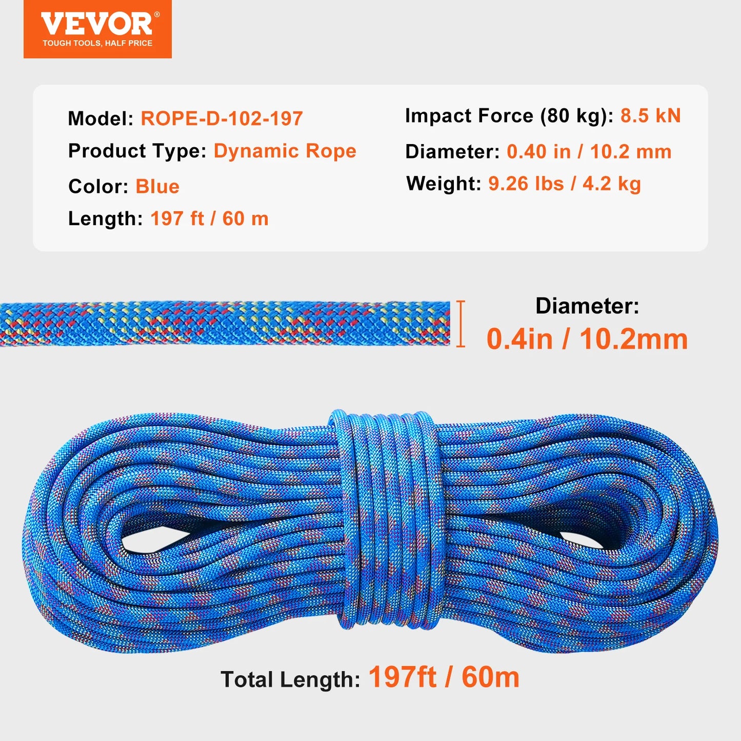 10.2mm Dynamic Climbing Rope 197ft