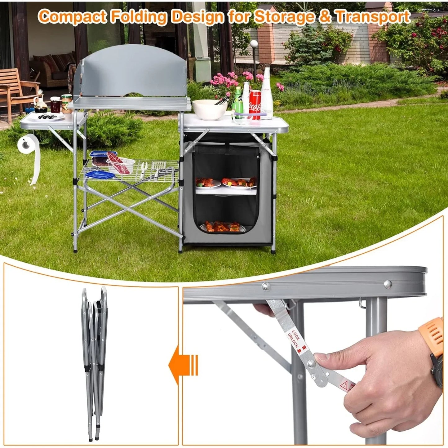 Folding Grill Table with 26'' Tabletop & Detachable Windscreen