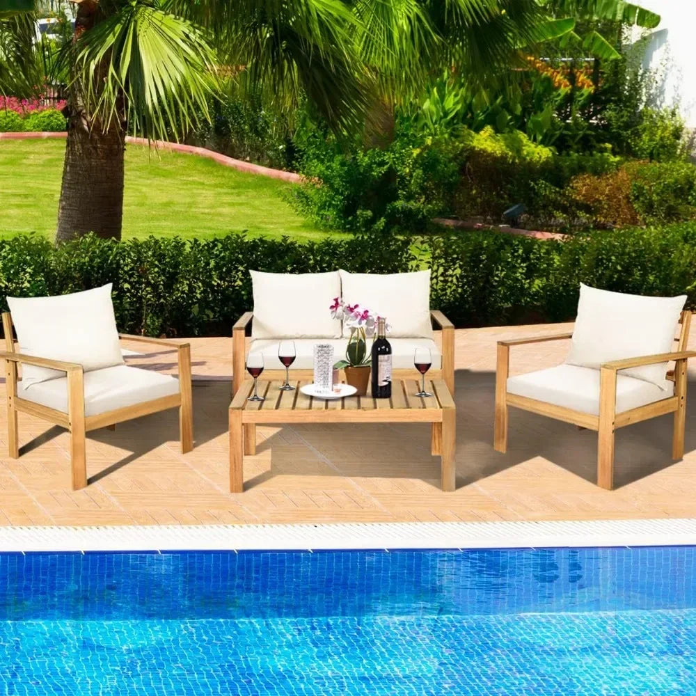 Outdoor 4-Piece Acacia Wood Chat Set with Water Resistant Cushions