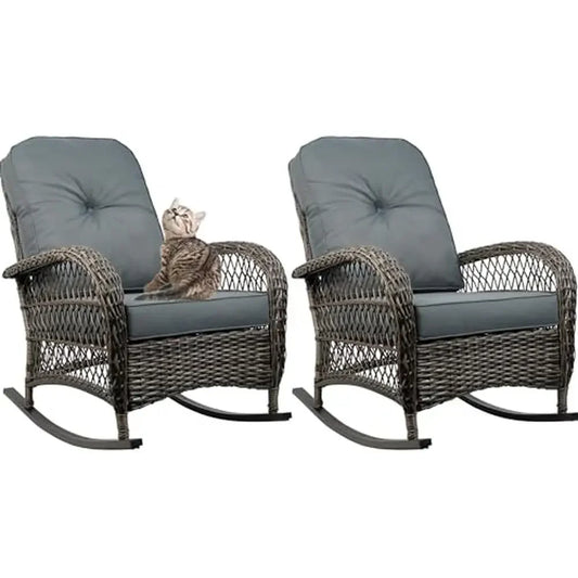 2 All Weather Wicker Rocking Chairs w/Glass-Top Table